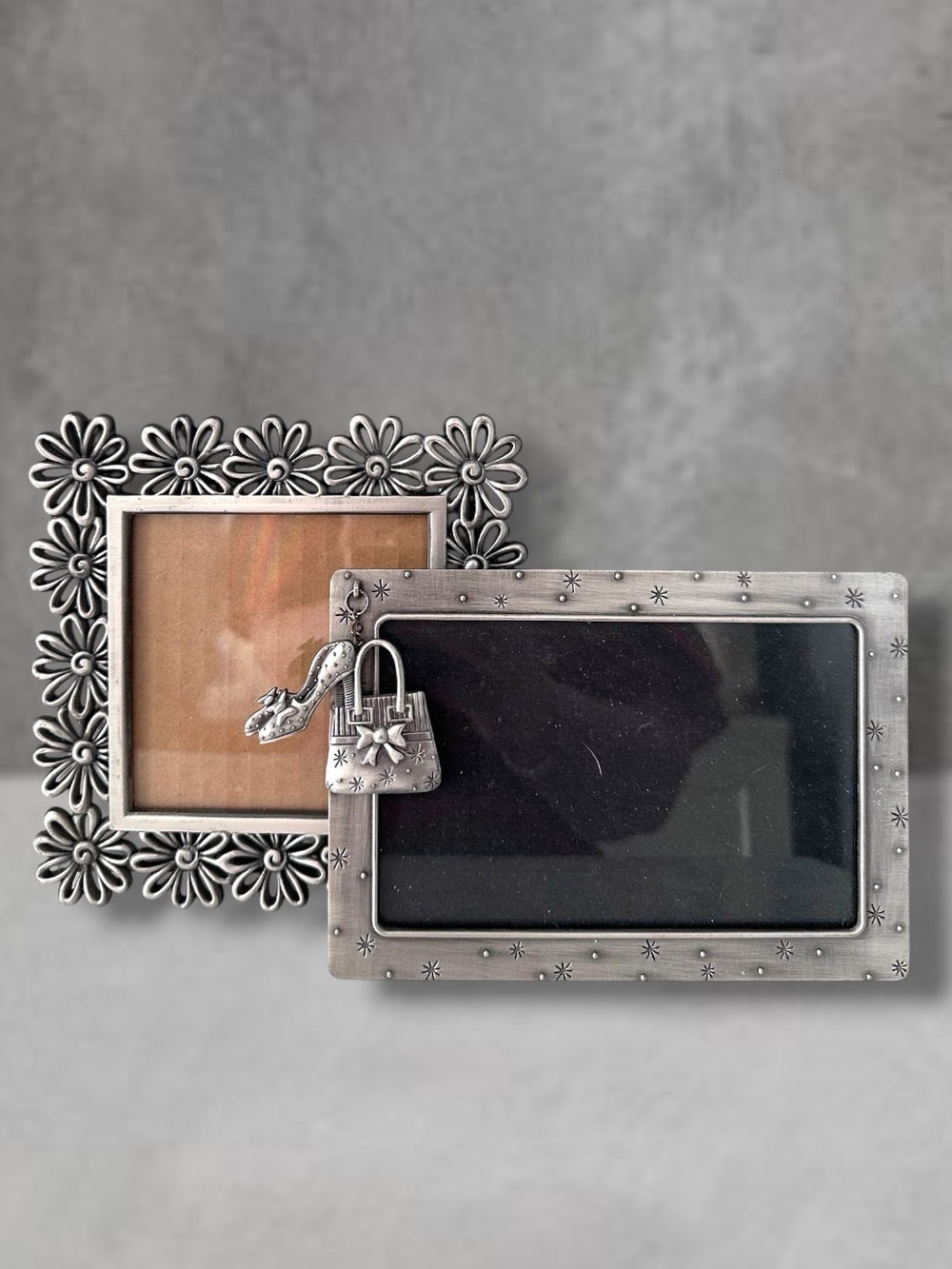 2 PEWTER ELSAL FETCO Photo Frames Cut Out Daisy CHARM Holds 4" x 4" 4x6